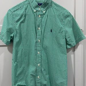 Boy’s Ralph Lauren green and white gingham short sleeve Oxford shirt large 14-16